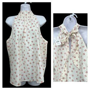 NWT J.Crew Ivory Red Floral Print Halter Tie Back‎ Top Sz 14 Keyhole Cottagecore
